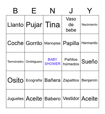 BINGO BABY SHOWER Bingo Card