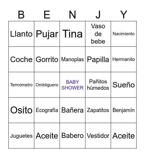 BINGO BABY SHOWER Bingo Card