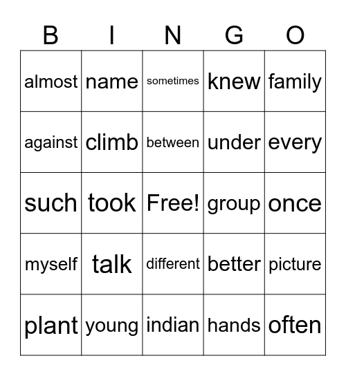 3rd Grade Bingo words Bingo Card