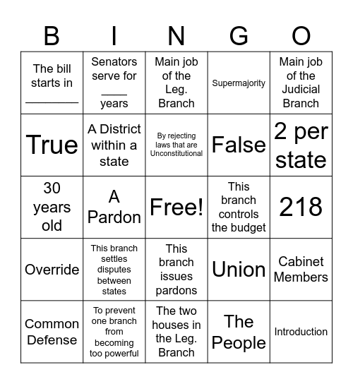 Constitution Test Part 1 Review Bingo Card