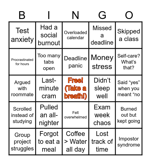 College Student Stress BINGO Card