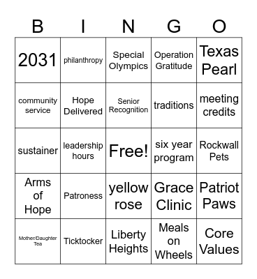 National Charity League - Texas Pearl Bingo Card