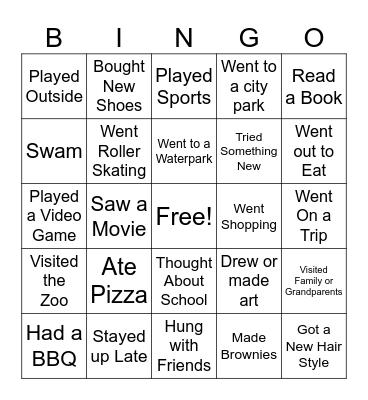 Spring Break Bingo Card