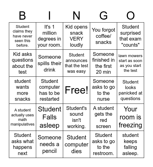 Exam Proctoring Bingo Card
