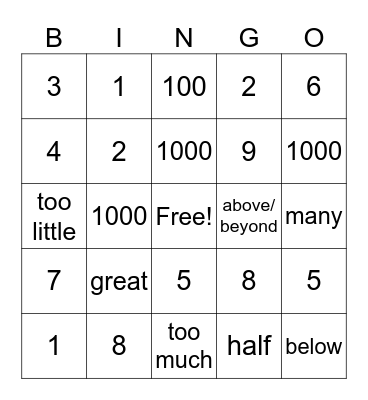 number prefix Bingo Card