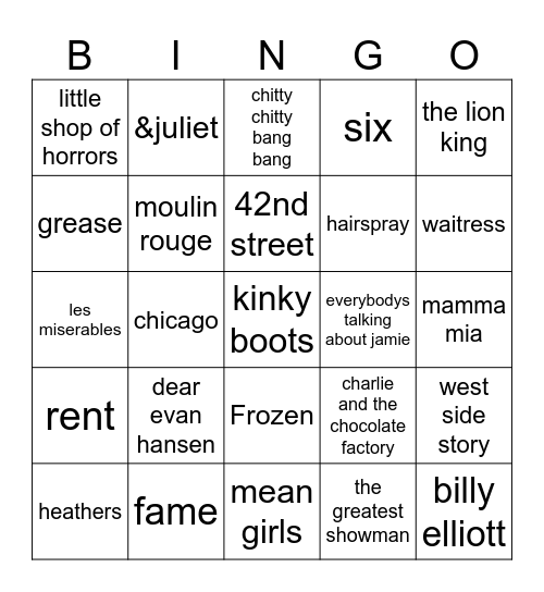 MUSICALS Bingo Card