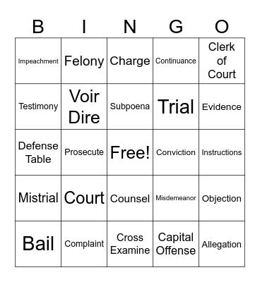 Mock Trial Vocabulary Bingo Card