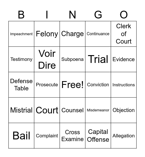 Mock Trial Vocabulary Bingo Card