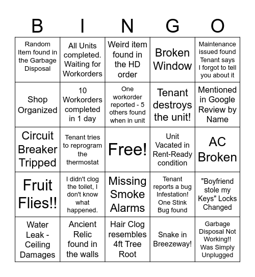 Maintenance Bingo Card