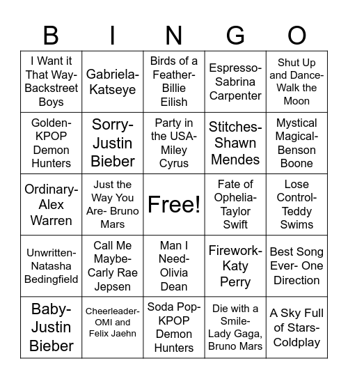 Songs that Get Stuck in Your Head Bingo Card