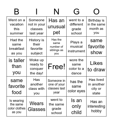 High School Classmate Bingo Card