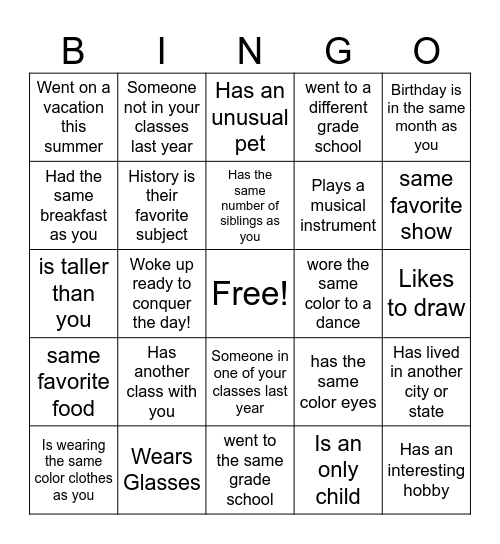 High School Classmate Bingo Card