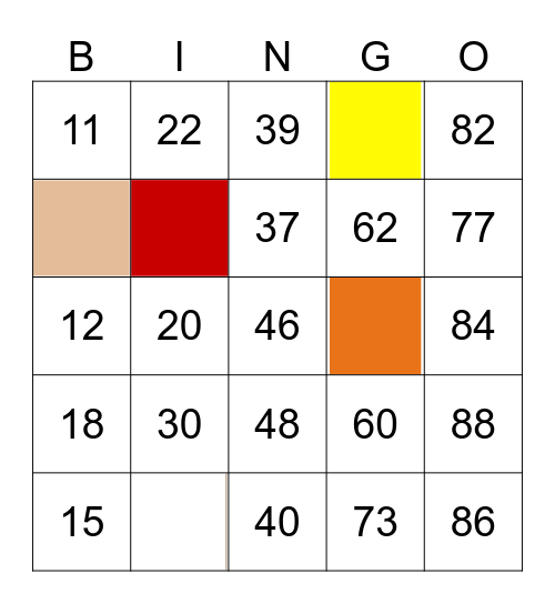 Colors and Numbers Bingo Card