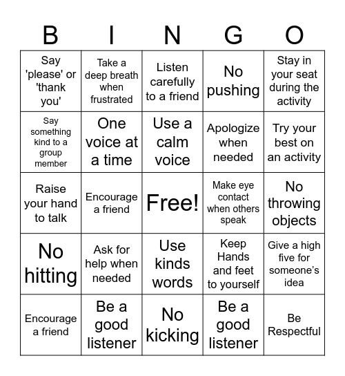 Behavior Bingo Card
