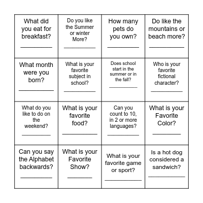 Students Questions Bingo Card