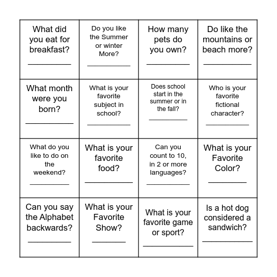 Students Questions Bingo Card