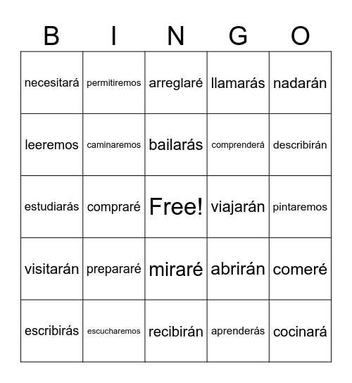 future tense Bingo Card