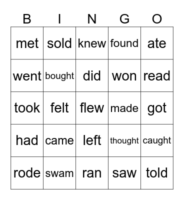 Irregular Verbs Bingo Card