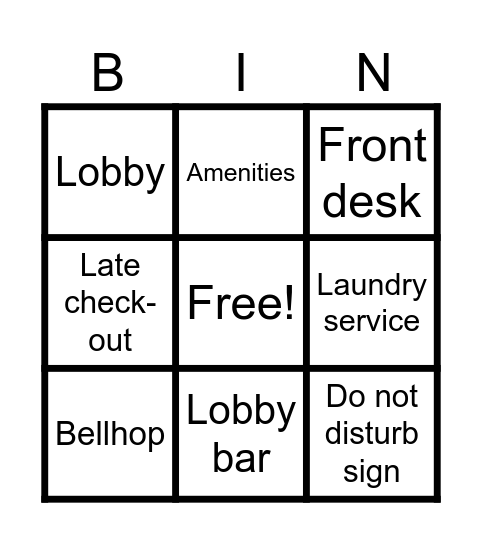 Hotel Bingo Card