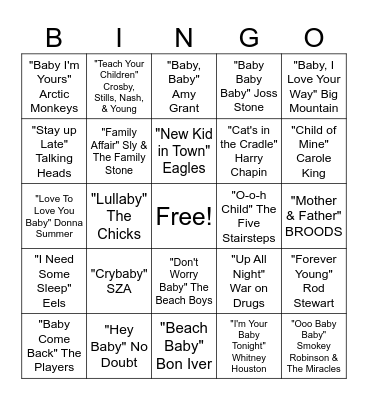 "Baby" Songs Bingo Card