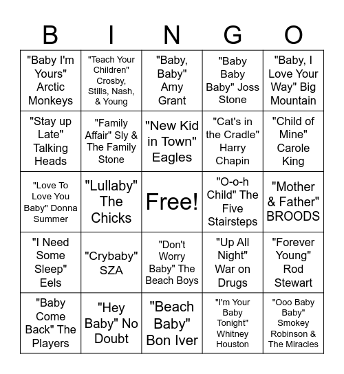 "Baby" Songs Bingo Card