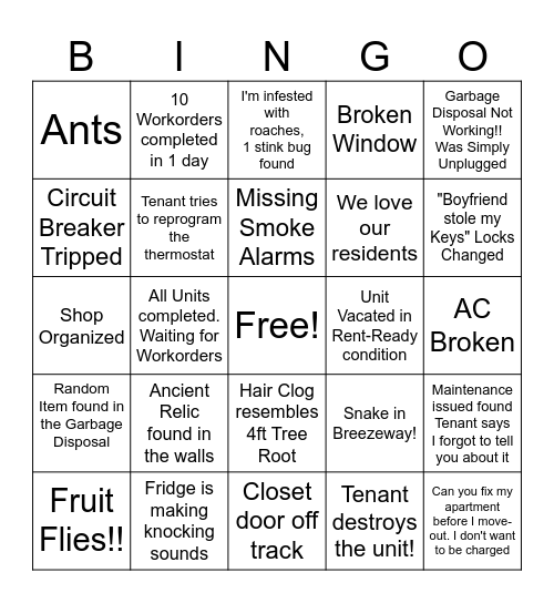Maintenance Bingo Card