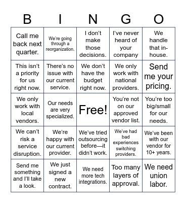 Facility Services Sales Objection Bingo Card