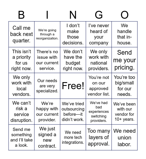 Facility Services Sales Objection Bingo Card