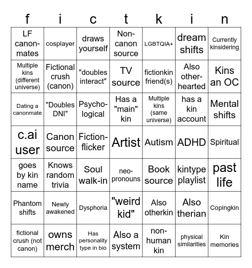 Fictionkin Bingo Card