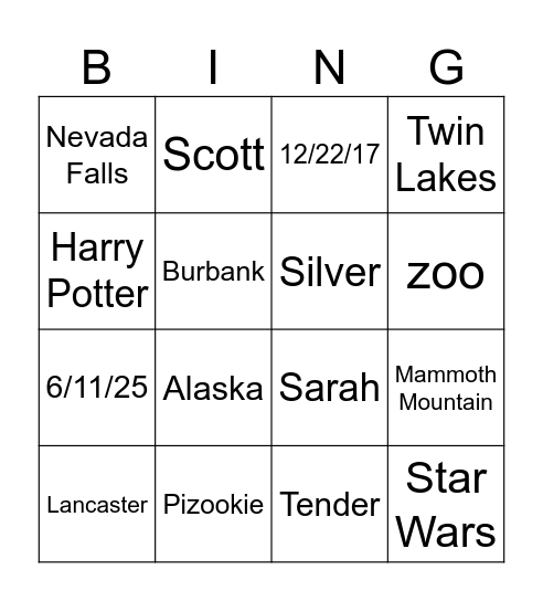 Scott & Sarah Trivia Bingo Card