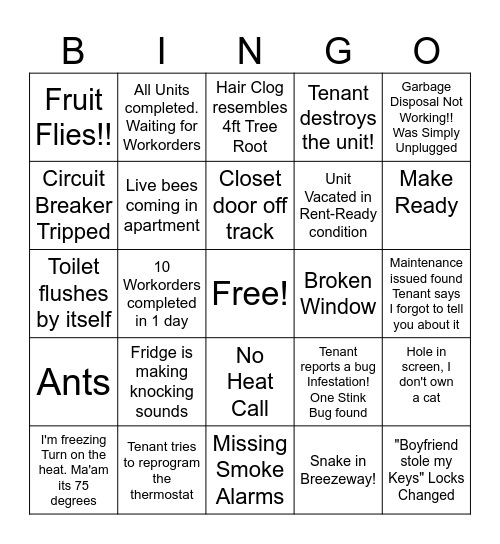 Maintenance Bingo Card