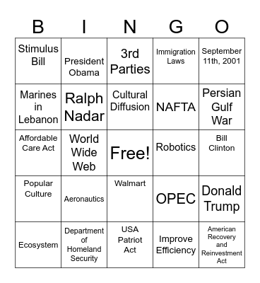 New Millennium Bingo Card