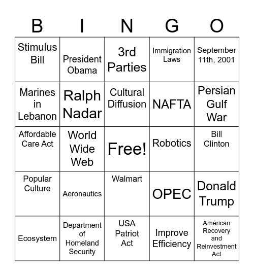New Millennium Bingo Card