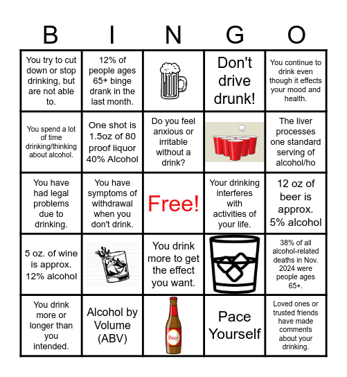 Alcohol Awareness Facts Bingo Card