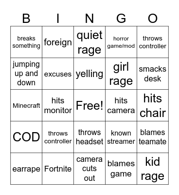 gamer rage Bingo Card