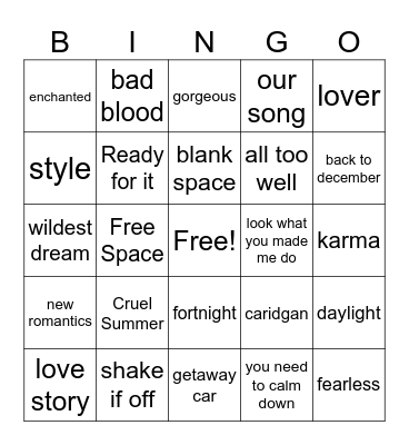Taylor Swift Bingo Card