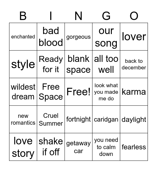 Taylor Swift Bingo Card