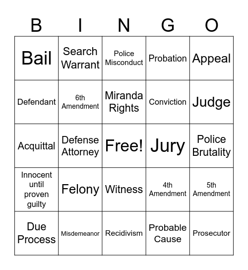 Criminal Justice Bingo Card
