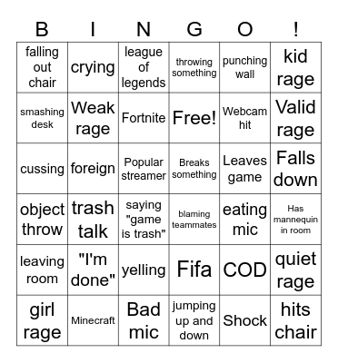 gamer rage Bingo Card