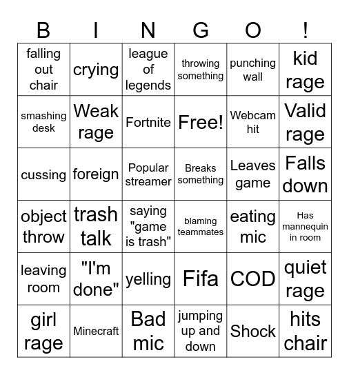 gamer rage Bingo Card