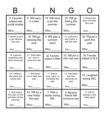 End of the Year BINGO! Bingo Card