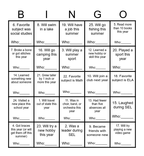 End of the Year BINGO! Bingo Card