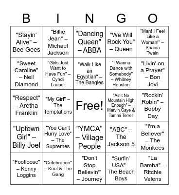 Classic Songs Bingo Card