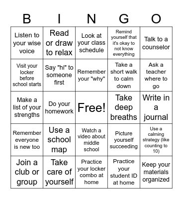 Middle School Success Strategies Bingo Card