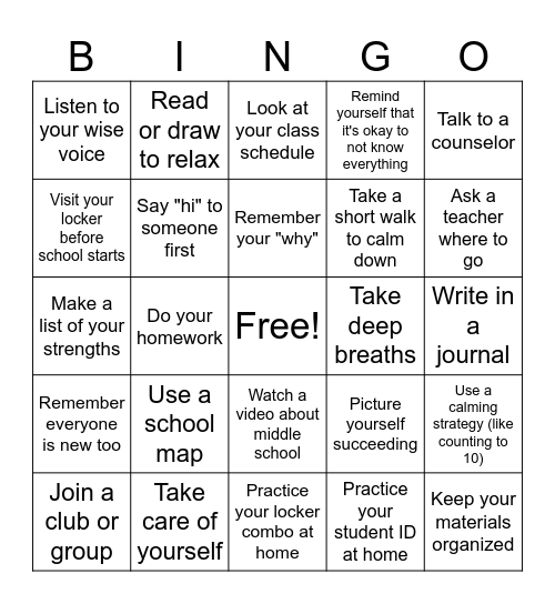 Middle School Success Strategies Bingo Card