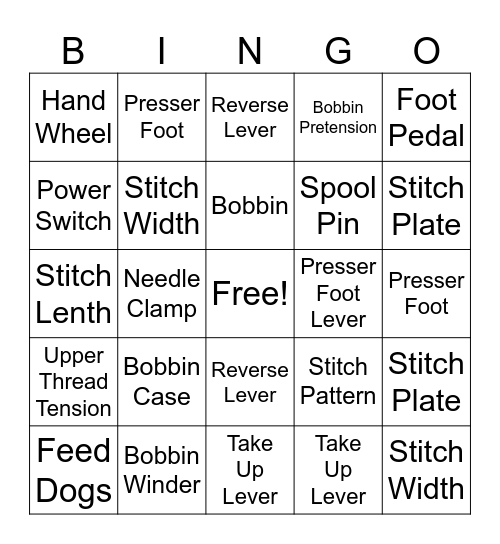 Sewing Machine Parts Bingo Card