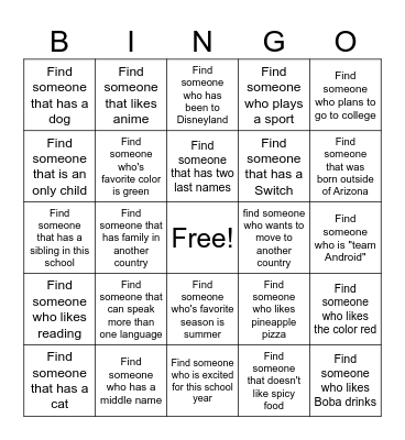 Get to Know Your Classmates Bingo Card