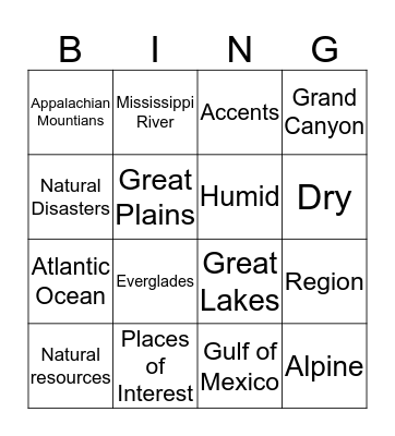 Physical Features of America Bingo Card