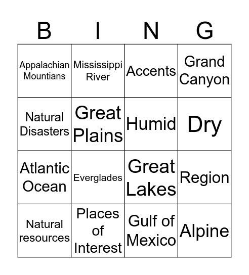 Physical Features of America Bingo Card