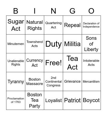 Road to Revolution Bingo Card